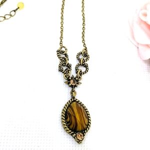 Avon Necklace Faux Tiger Eye Sparkling Amber Rhinestones Goldtone Adjustable